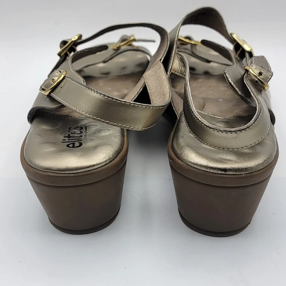 Elites by Walking Cradles Bronze Metallic Leather Wedge Sandals Buckle Womens 8M